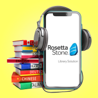 Graphic with a smartphone displaying the Rosetta Stone logo leaning against a stack of language books with headphone.
