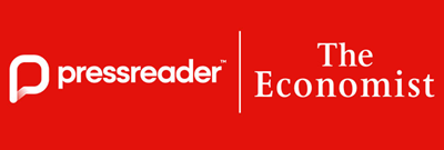 Logos for PressReader and The Economist on a red background