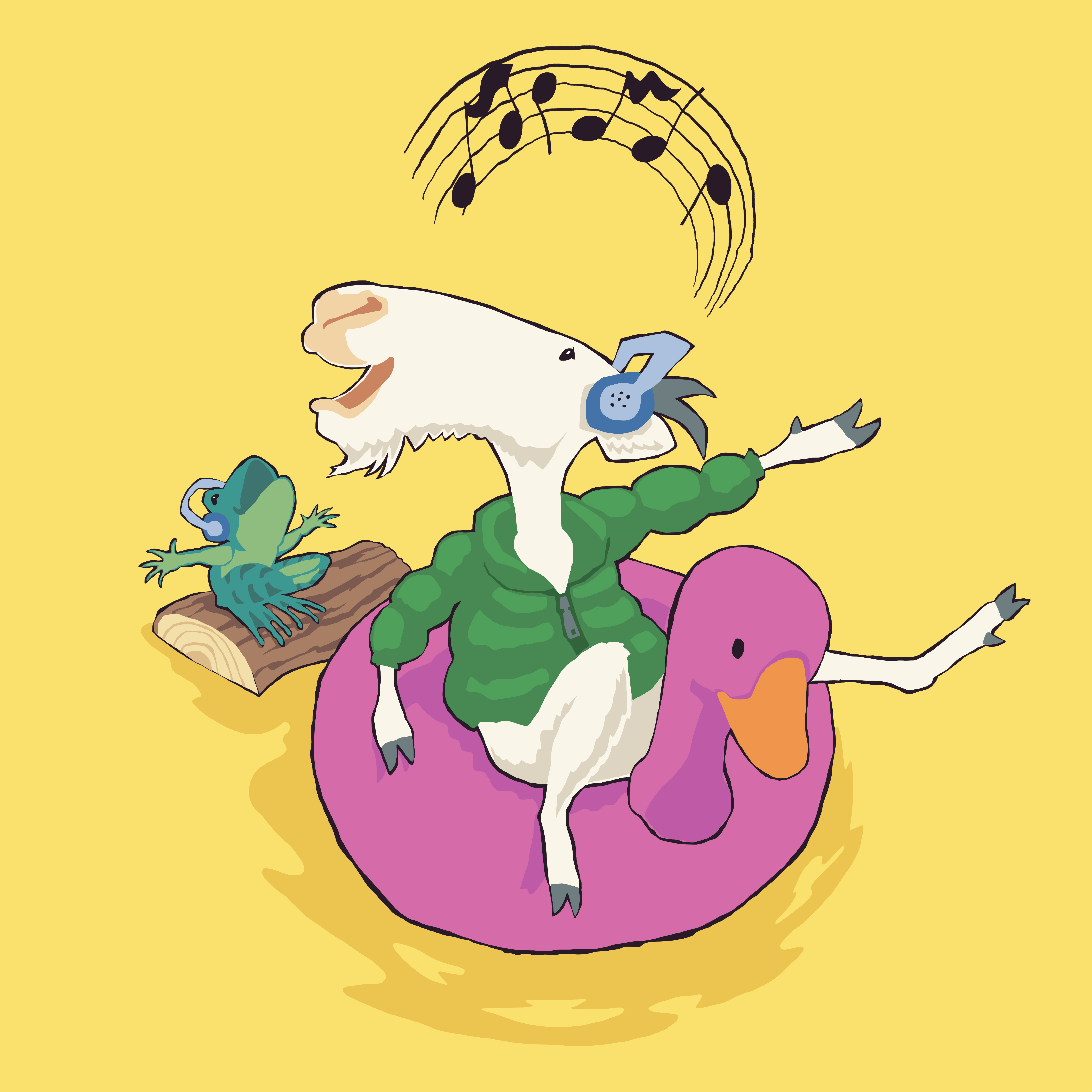 A drawing of a goat on a pool float sings notes next to a frog on a log