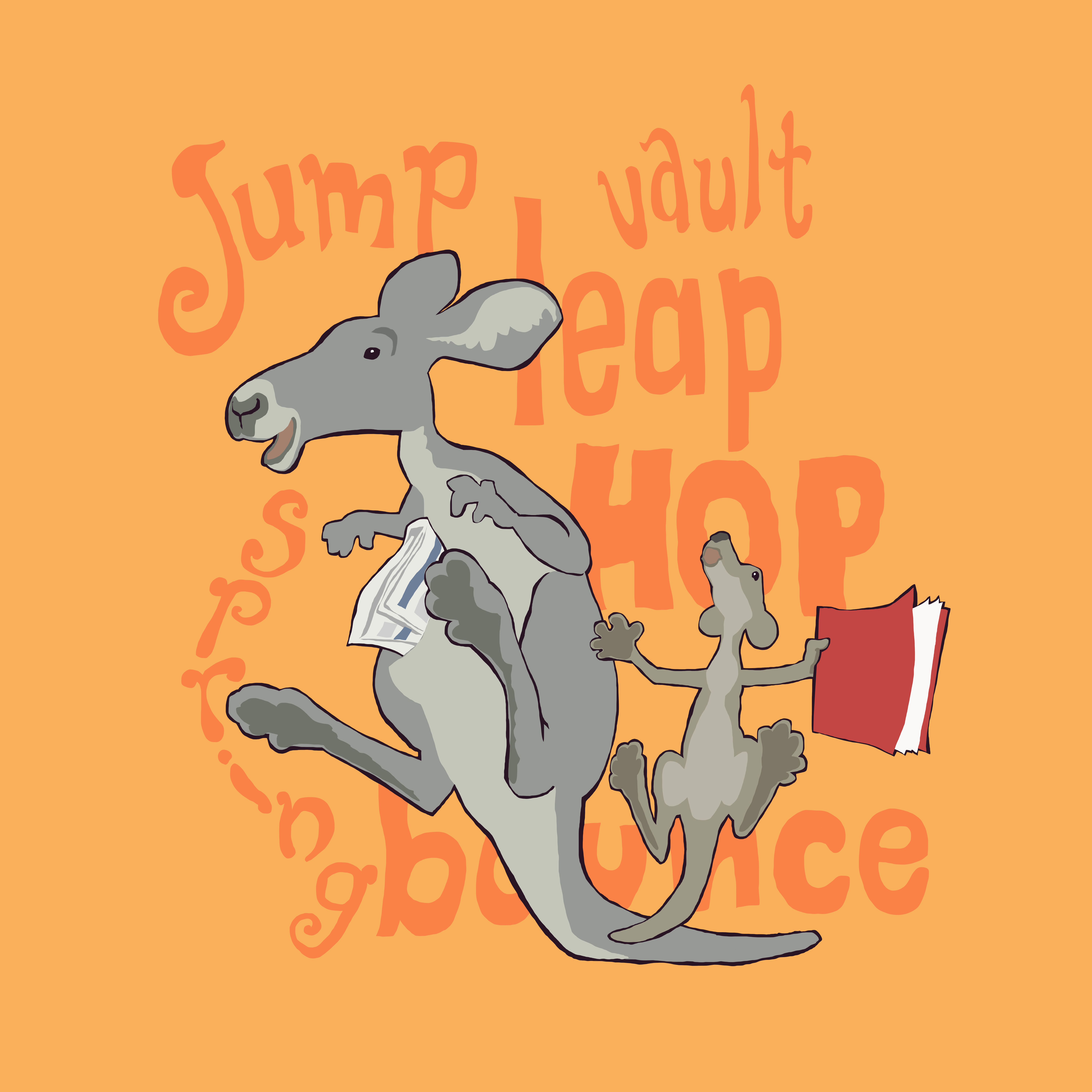 A happy cartoon adult and baby kangaroo are drawn mid-hop, with books and words flying around the background