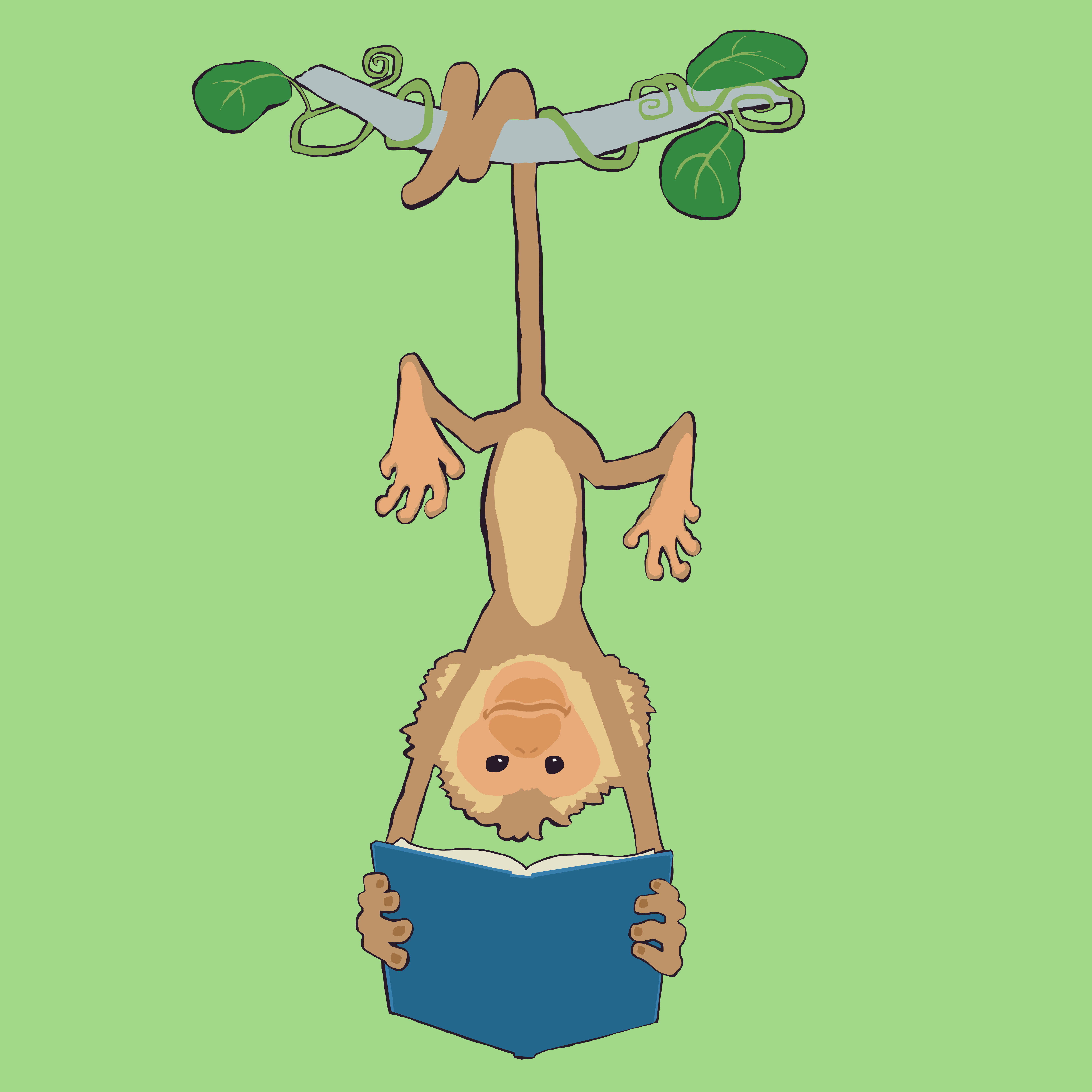 A drawing of a monkey hanging upside down from its tail wrapped around a tree branch. The monkey is holding an open blue book and smiling