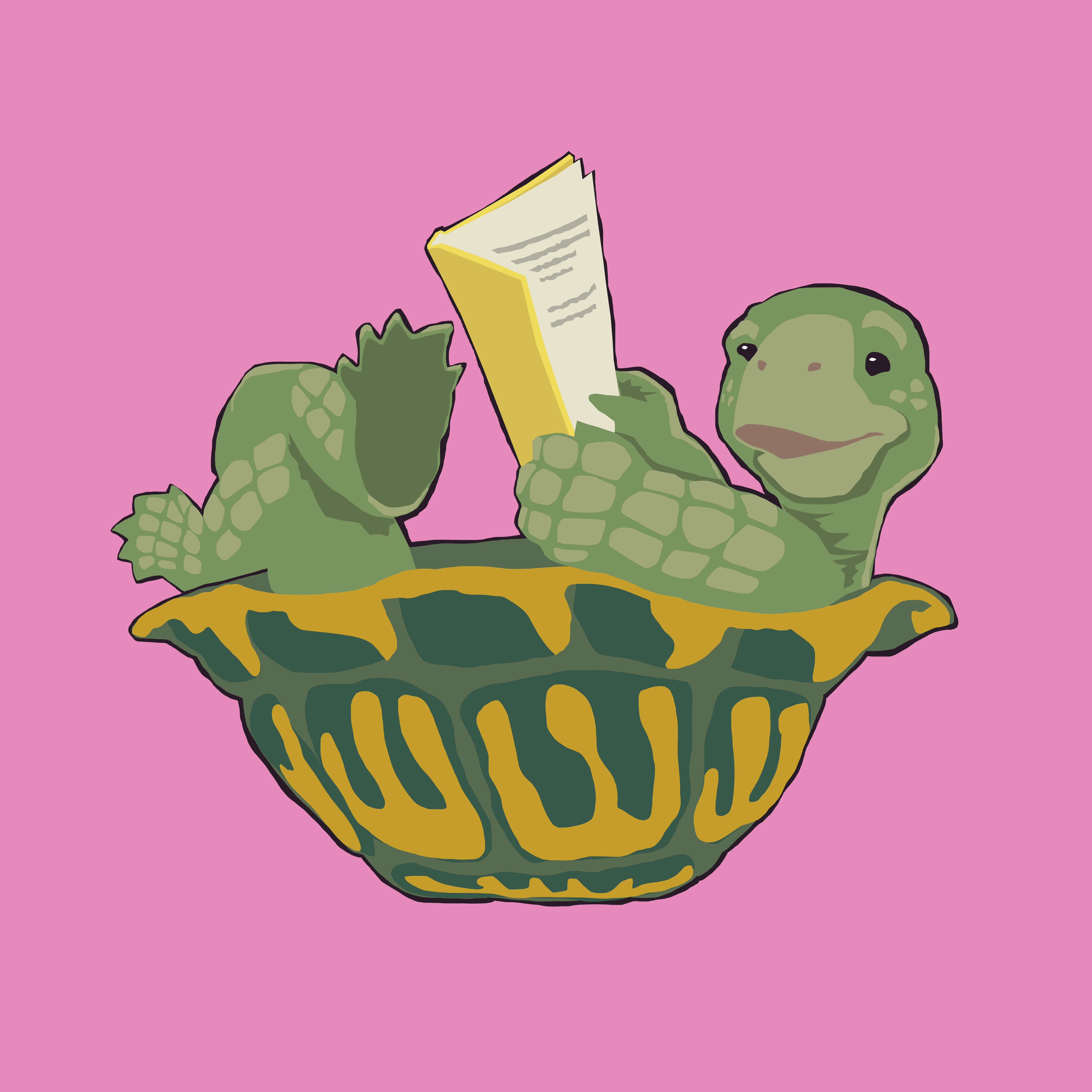 A drawing of a turtle lounging in its shell upside down as if it's resting in a bathtub with its rear feet kicked up resting on the shell edge. It is reading a yellow book.