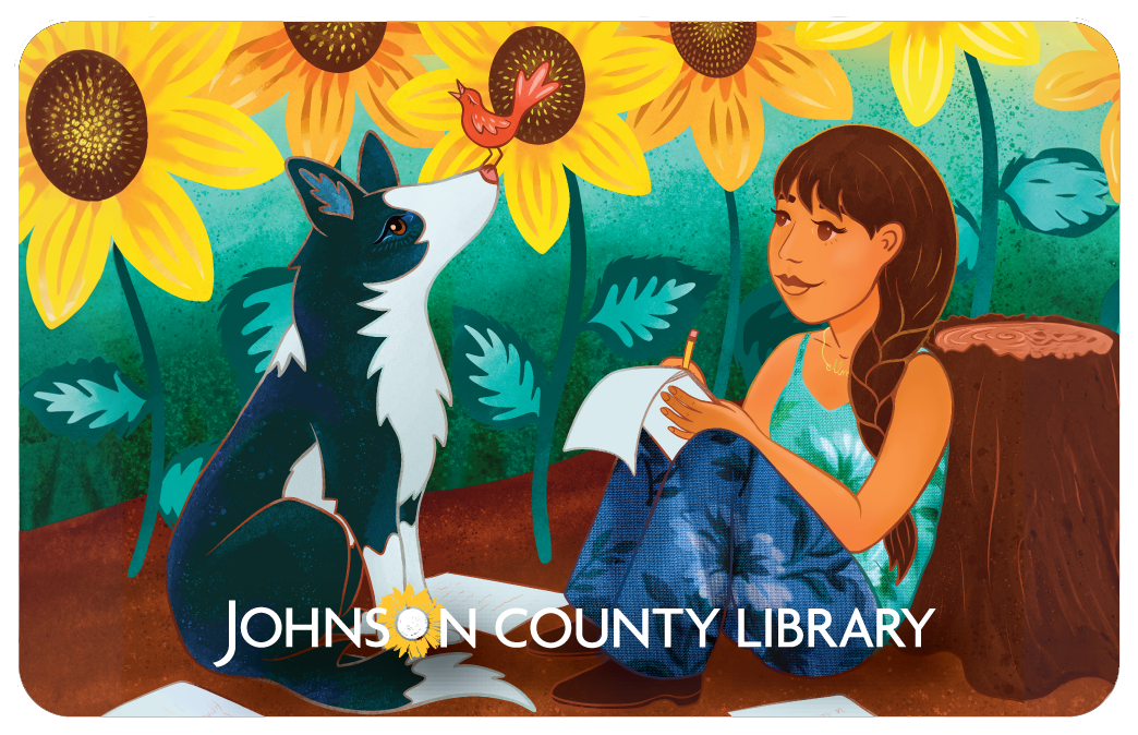 Illustrated Library card with a girl reading to a dog in front of a sunflower field.