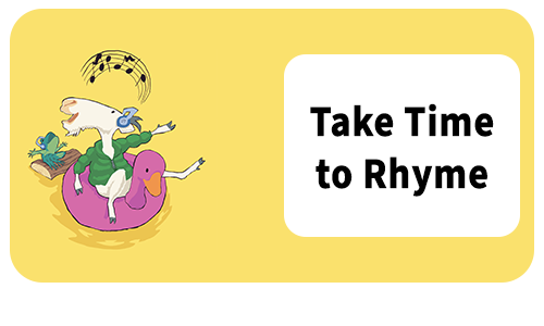 Goat singing while floating on an inner tube with text: take time to rhyme  on a yellow background.