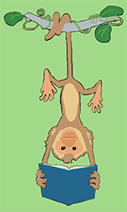 An illustration of a monkey holding a book hanging upside down with a book