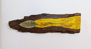 Live edge plank of wood with leaf and painted yellow strip.