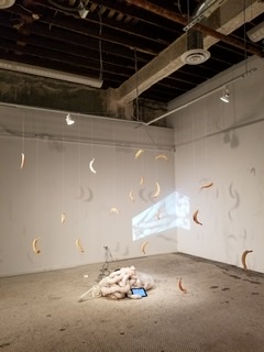 Art installation, tubes and pouches filled with material and hanging objects