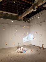 art installation, tubes and pouches filled with materials below hanging objects