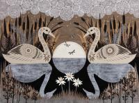 Paper cut piece with swans and reflection on water with background of trees.
