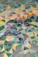 Painting of repetitive triangle in cool shades with pops of warm color.