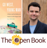 Author BJ Hollars, his book Go West, Young Man, and the Open Book logo