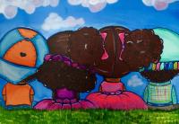 Illustrative style painting of 4 children sitting in the grass, viewed from behind.