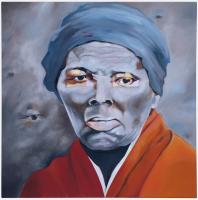 Portrait of Harriet Tubman painted with eyes in the background.