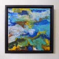 Framed canvas painting with abstract swirls of paint.