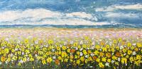 Landscape painting of a flower field and sky.