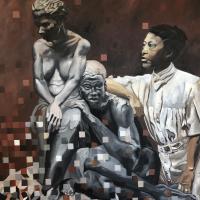 Portrait of Augusta Savage painted with pixelated shapes in areas of the painting.
