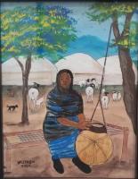 Painting of a woman with a basket, sitting down on a bench in the foreground and huts and livestock in the background.