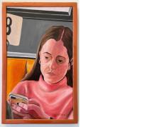 Painting of a woman looking at her cell phone.
