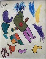 Child-like painting of a creature and abstract shapes.