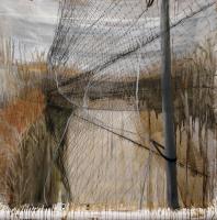 Landscape painting of prairie grass and wire fencing.