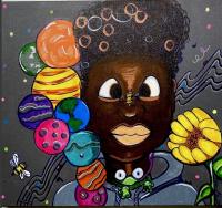 Portrait of a person with a bee on their nose and brightly colored planets surrounding their head.