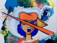 Painting of a woman wearing a hat, with multicolored textures in the background.