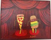 Painting of a slice of pizza and a hamburger performing on a stage.
