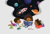 Three children with dark brown hair and brown skin lounge on the floor with books spread around them. Behind the young child reading one of the books there is a background of space.