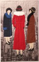 Quilted fiber art portrait of three standing women.