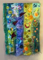 Multi-colored and multi-layered textile art with geometric and organic shapes.