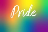 Illustrated graphic with the colors red, yellow, blue, green and purple bleeding into one another with the word Pride in white.