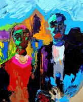 Colorful painting reinterpreting American Gothic.