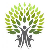 A stylized family tree with people forming the trunk