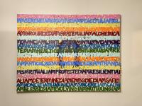 Textile art with multicolored horizontal stripes