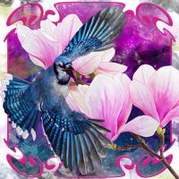 A painting of a blue jay and flowers. The flowers are purple and fuschia and the bird has its wings spread, flying over the flowers.