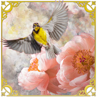 A painting of a bird with a yellow body and gray wings, flying over some pale pink peonies. The painting has a gold border evocative of art deco style.