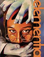 Elementia magazine cover with the word elementia on the right edge and an illustration of two hands framing in a face with eyes peering over glasses.