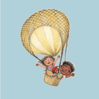 A sketch of two children, one with darker skin and short hair and one with longer brown hair and light skin. riding in a hot air balloon