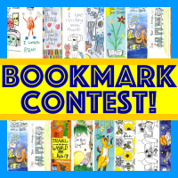 A collage of previous Bookmark Contest winners as a background for the text Bookmark Contest.