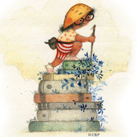 Illustration of a child hiking up a stack of books with foliage.
